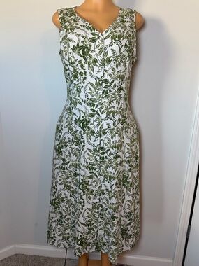 Tahari Linen Blend Midi Dress with Green Leaf Print/Pockets &Slit on the Side